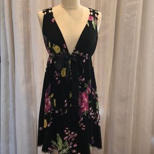 Pink Rose Floral Print Bow Tie Baby Doll Dress